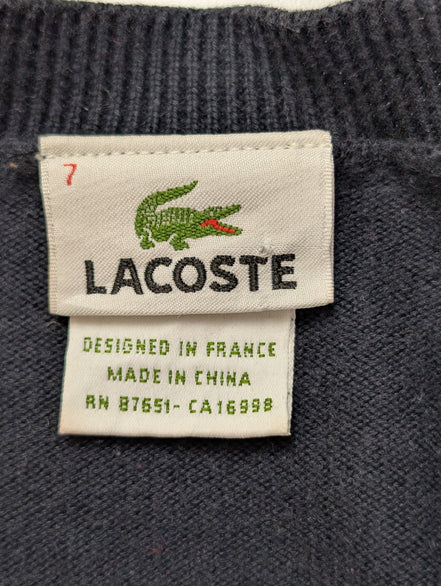 Pull Lacoste XXL Taille 7 bleu marine rayures rouge blanc col V 100% coton