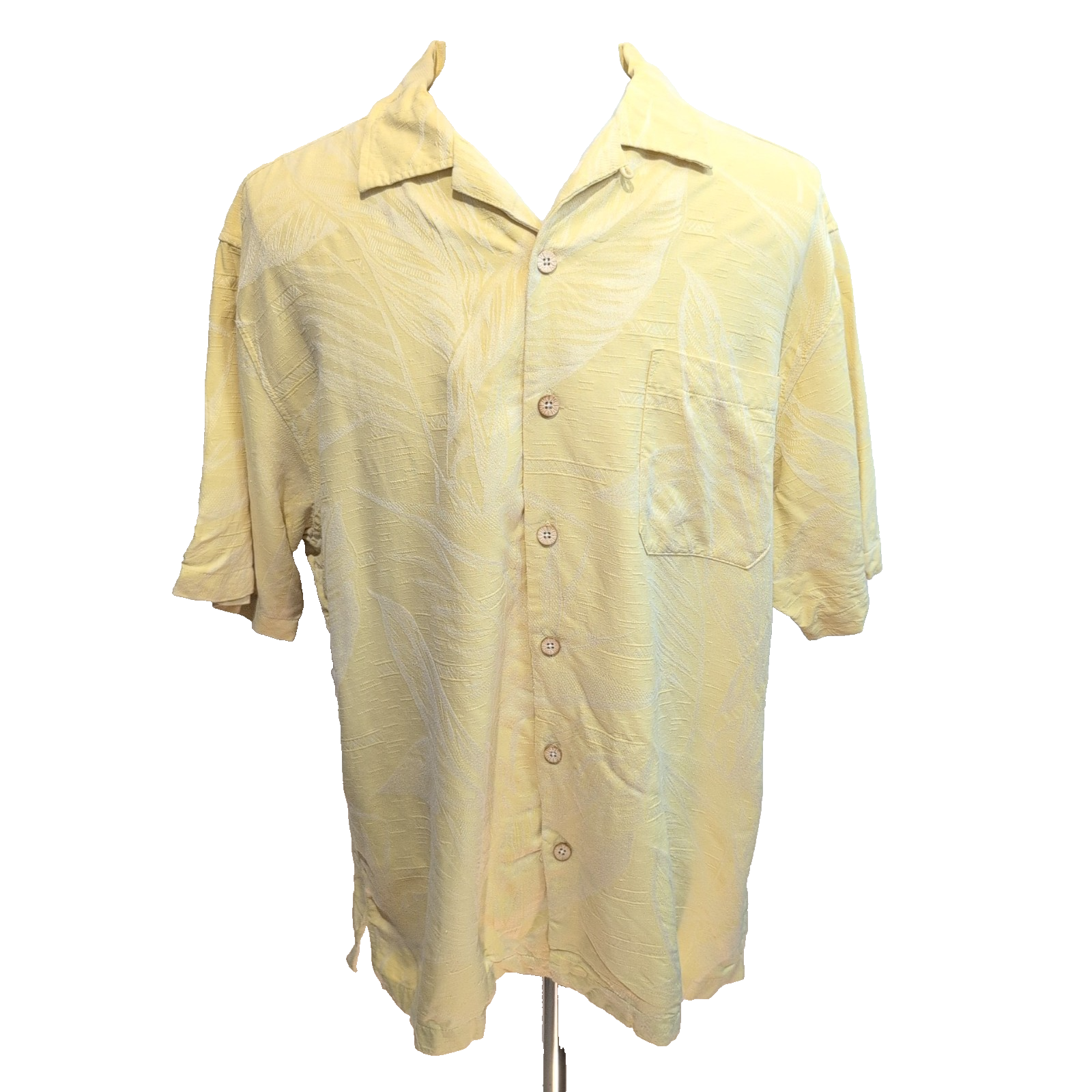 Chemise Hawaïenne Caribbean Joe XL Soie Jaune Pâle Feuillage Gaufré