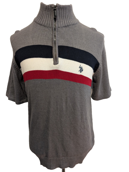 Pull U.S. Polo Assn Homme M Gris Col Zippé Manches Courtes Rayures Coton