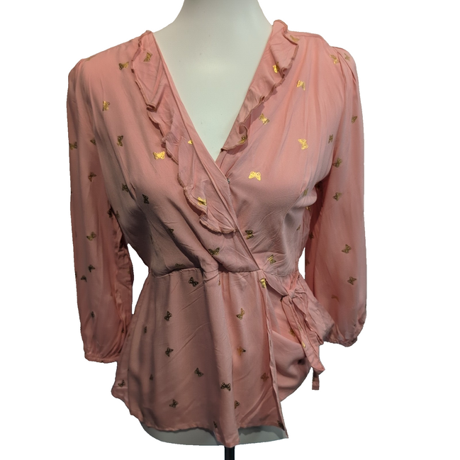 Blouse Alex & Parker Femme M Rose Saumon Papillons Dorés Cache-Cœur Neuve
