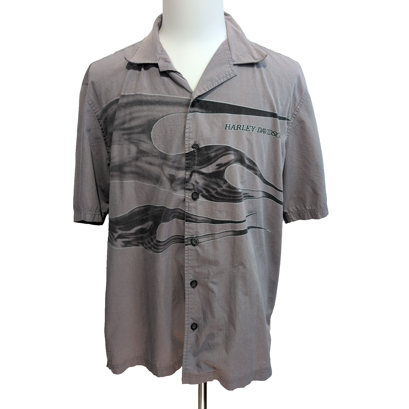 Chemise Harley-Davidson XL Grise Flammes Boutons Gravés Vintage manches courtes