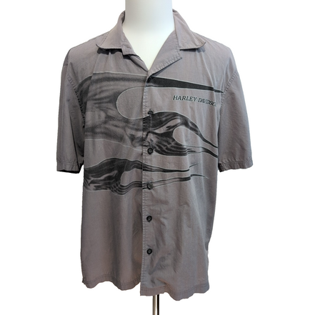 Chemise Harley-Davidson XL Grise Flammes Boutons Gravés Vintage manches courtes
