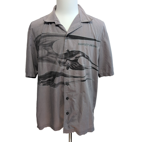 Chemise Harley-Davidson XL Grise Flammes Boutons Gravés Vintage manches courtes