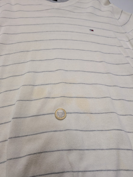 Pull Tommy Hilfiger Homme Blanc Cassé Rayures Grises Col V - Taille M