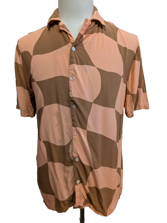 Chemise Hawaïenne NO BOUNDARIES Rose & Marron Carreaux Ondulés - Taille S