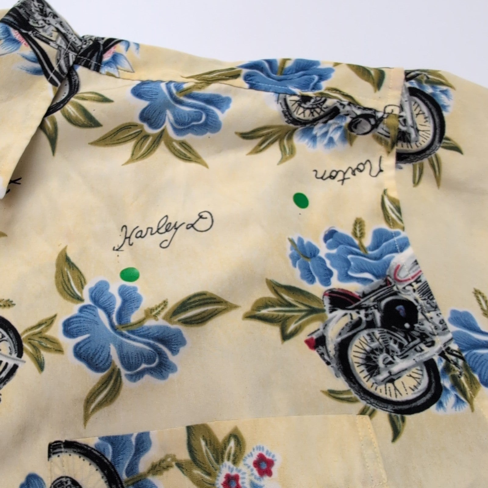 Chemise Hawaïenne East Island Surf XL Jaune Moto Feuillage Boutons Bois