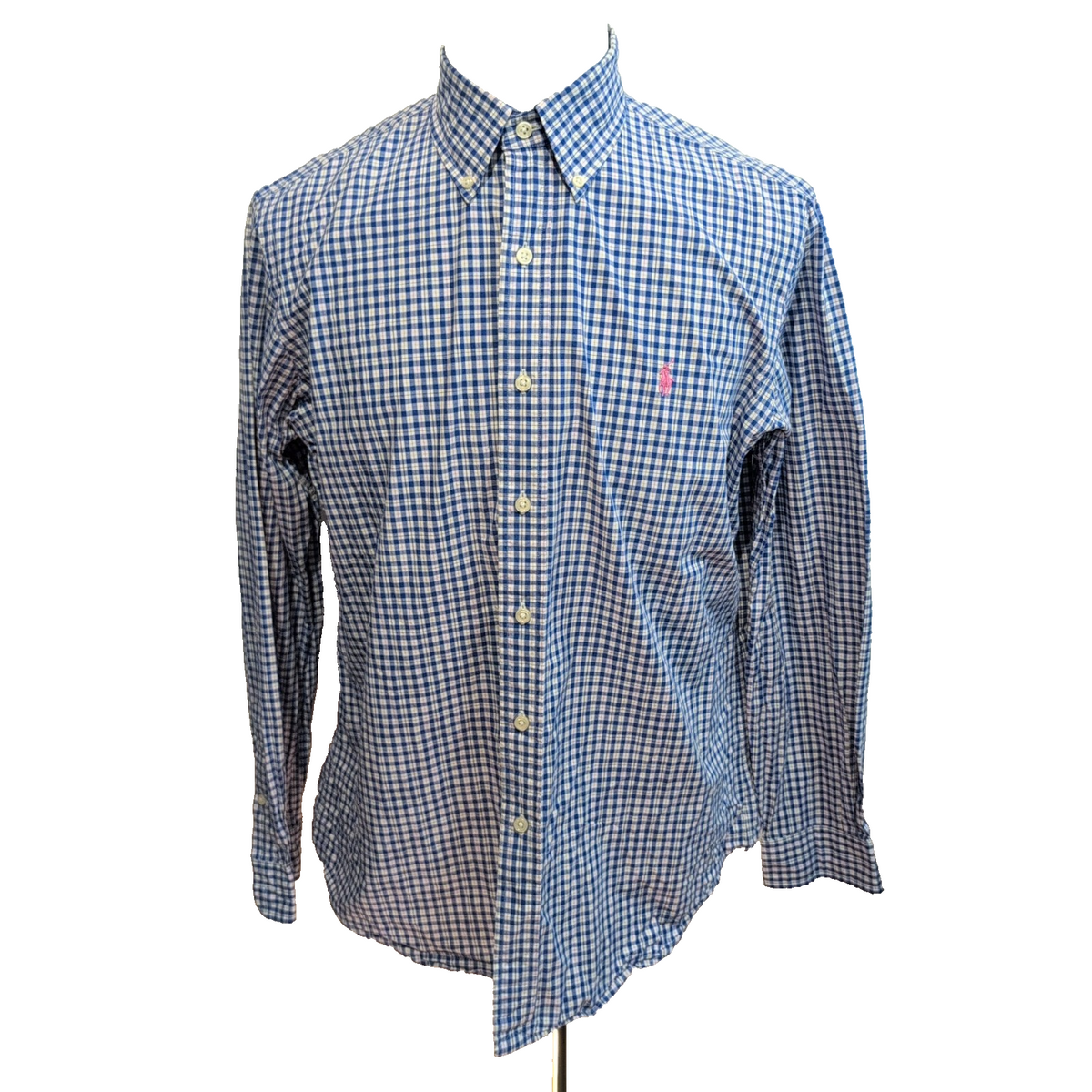 Chemise Ralph Lauren L Bleu Carreaux Logo Rose Coton Manches Longues