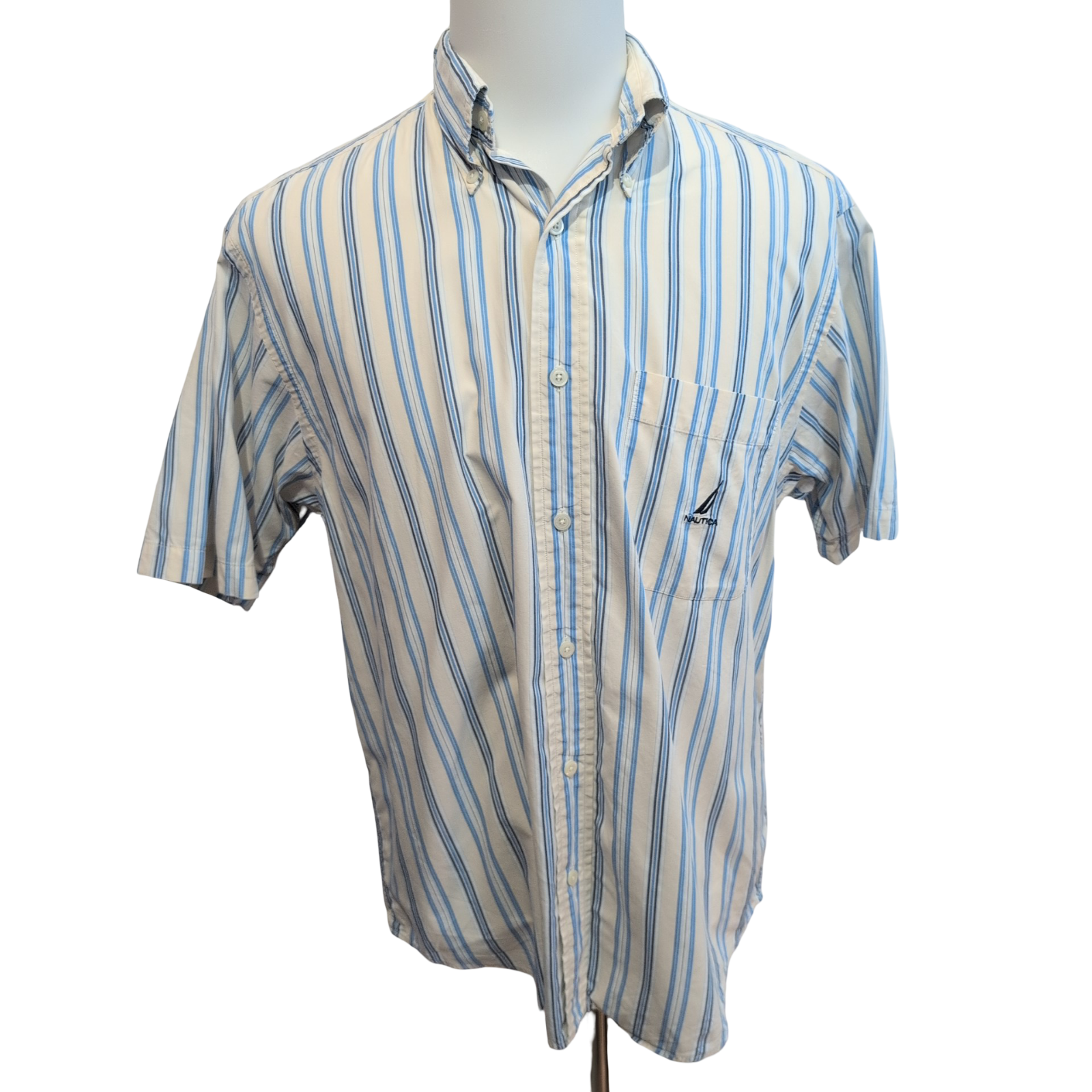 Chemise Nautica Manches Courtes Rayures Bleu et Blanc Taille M 100% Coton