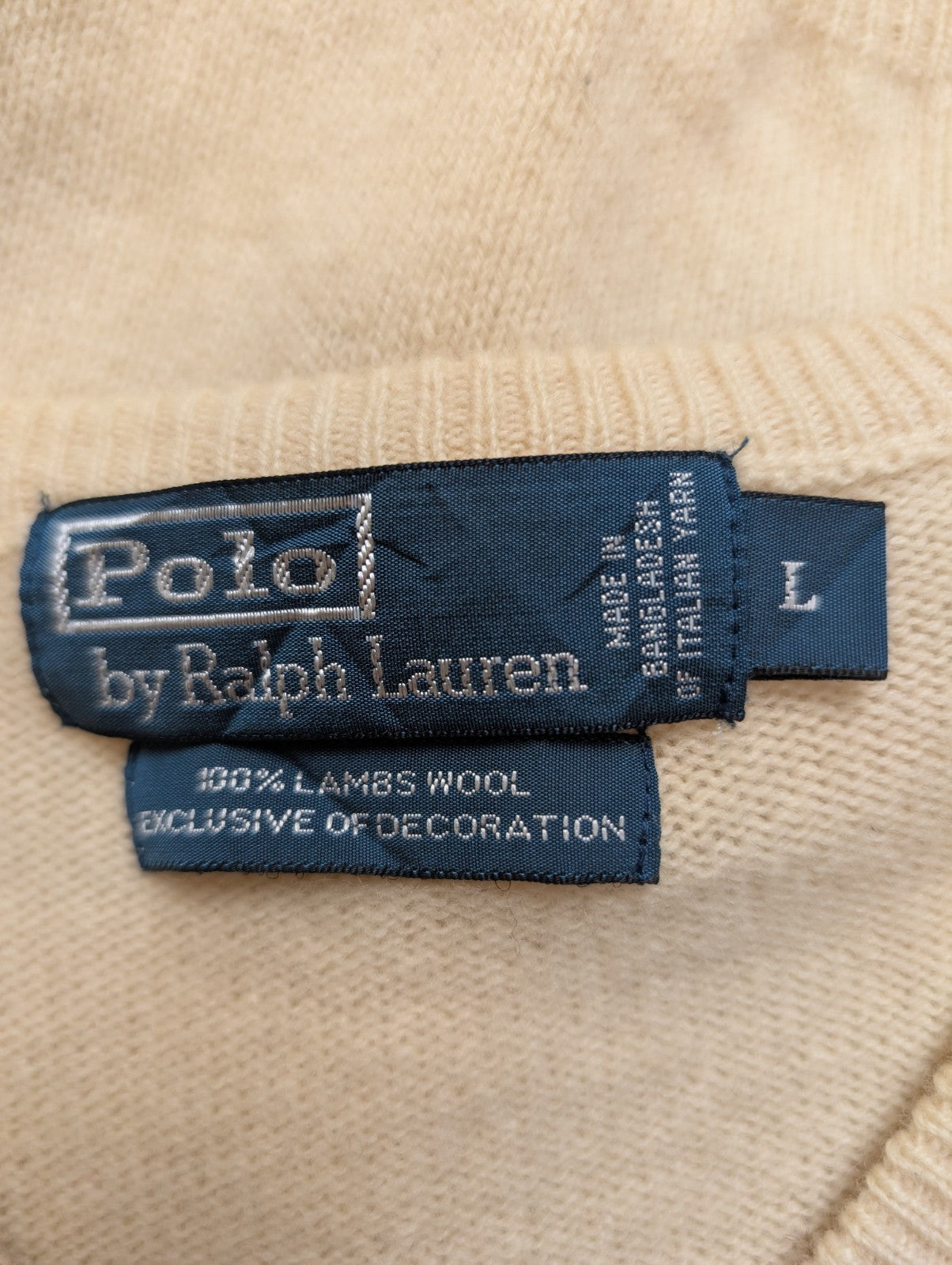 Pull Polo Ralph Lauren Col V 100% Laine d'Agneau Crème - Taille L