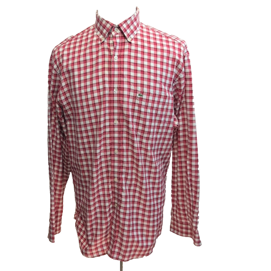 Chemise Lacoste XL Rouge Blanc Carreaux Coton Logo Vert Poche manches longues