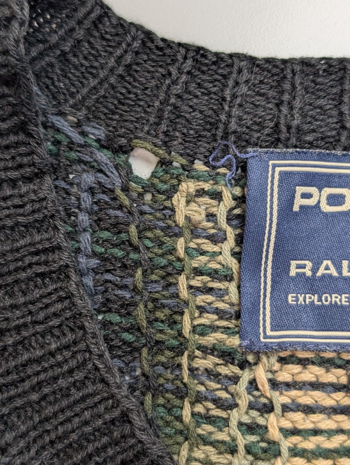 Pull Fait Main Vtg Polo Sport Ralph Lauren Col V Carreaux Bleu/Vert Lin Coton L