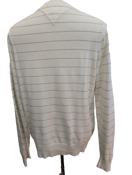 Pull Tommy Hilfiger Homme Blanc Cassé Rayures Grises Col V - Taille M