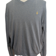 Pull Fin Polo Ralph Lauren Bleu Col V Taille L 100% Pima Coton Logo Jaune