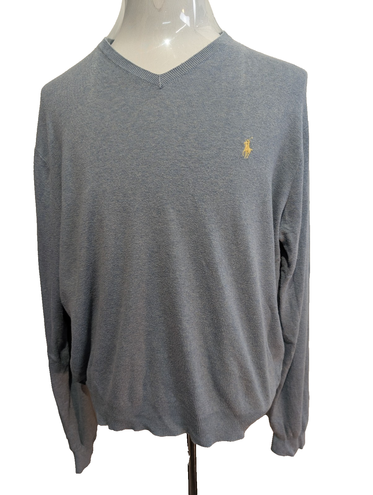 Pull Fin Polo Ralph Lauren Bleu Col V Taille L 100% Pima Coton Logo Jaune