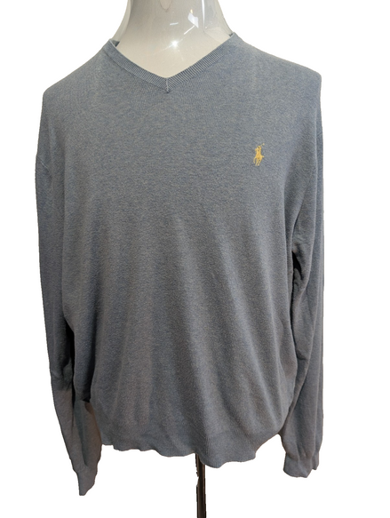 Pull Fin Polo Ralph Lauren Bleu Col V Taille L 100% Pima Coton Logo Jaune