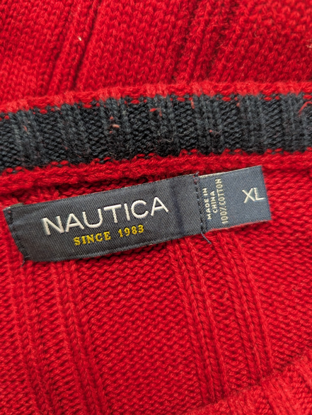 Pull Nautica Torsadé Rouge Foncé Col Rond 100% Coton Unisexe Taille XL