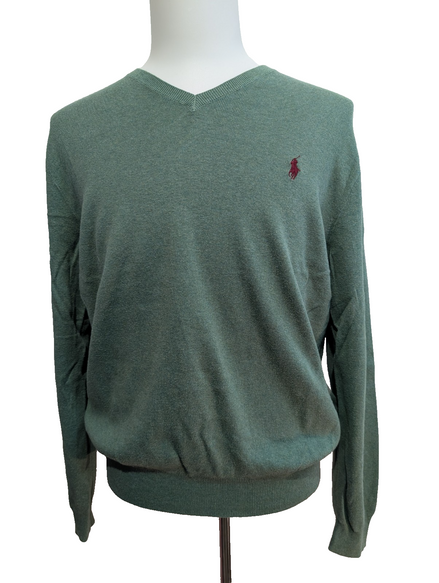Pull POLO RALPH LAUREN Homme M Vert Sapin Col V Logo Bordeaux Cotton Knit
