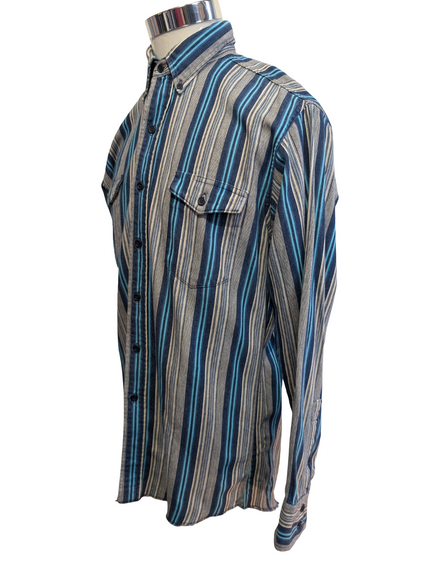 CHEMISE WRANGLER WESTERN M/L Coton Épais Rayures Bleues Poche Stylo