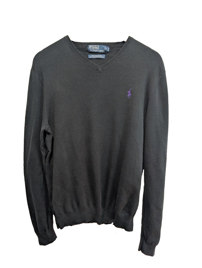 Pull Polo Ralph Lauren noir col V coton Pima logo violet taille M