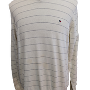 Pull Tommy Hilfiger Homme Blanc Cassé Rayures Grises Col V - Taille M