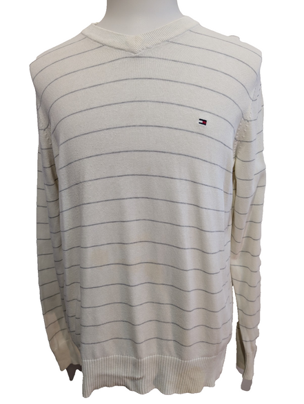 Pull Tommy Hilfiger Homme Blanc Cassé Rayures Grises Col V - Taille M