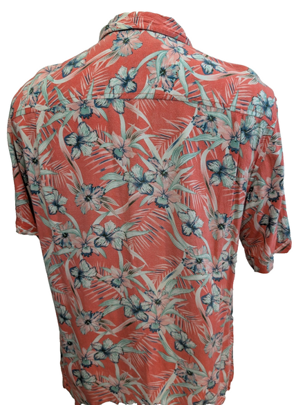 Chemise Hawaïenne Caribbean Joe Rayon Rouge Clair & Fleurs Vertes - Taille M