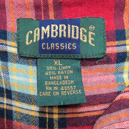 Chemise Cambridge Classics Lin Rayonne Rouge Carreaux Manches Longues Taille XL