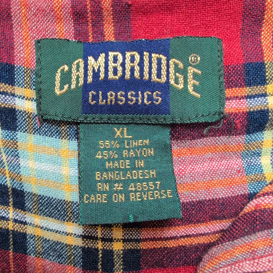 Chemise Cambridge Classics Lin Rayonne Rouge Carreaux Manches Longues Taille XL