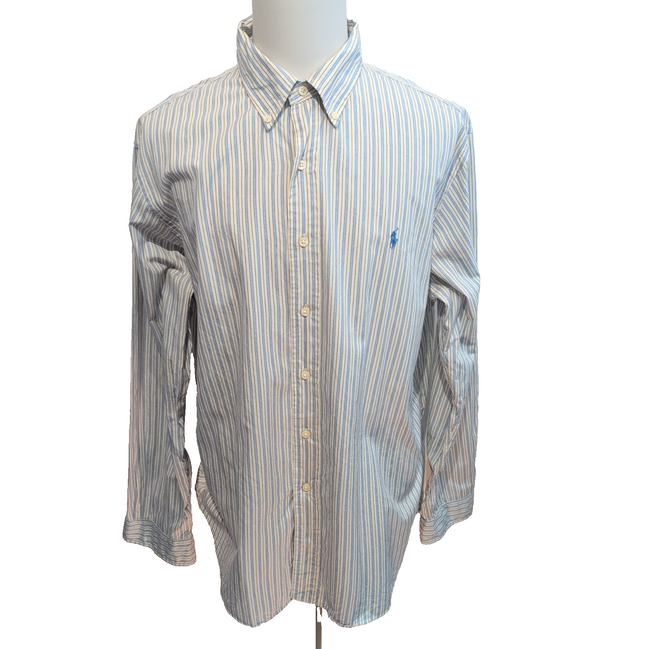 Chemise Ralph Lauren XXL Blanche Rayures Bleu Noir Logo Bleu Clair