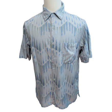 Chemise Hawaïenne Vintage Silk L 100% Soie Bleu Motif Abstrait Poche
