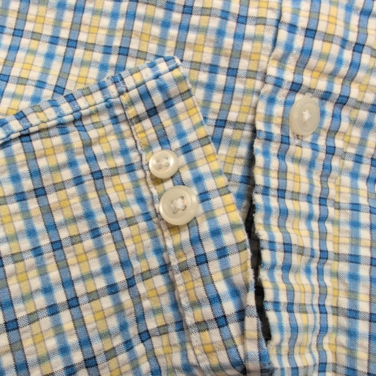 Chemise L.L.Bean M bleu jaune gaufrée manches courtes coton rare