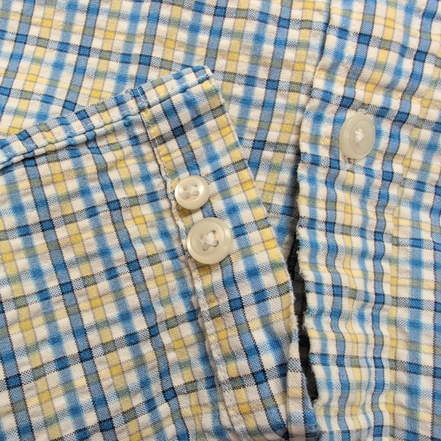 Chemise L.L.Bean M bleu jaune gaufrée manches courtes coton rare