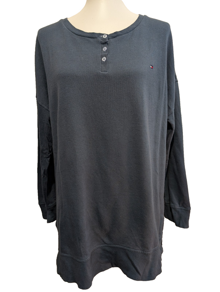 Pull Fin Tommy Hilfiger Femme Col Rond Boutonné Bleu Taille XL Logo Brodé