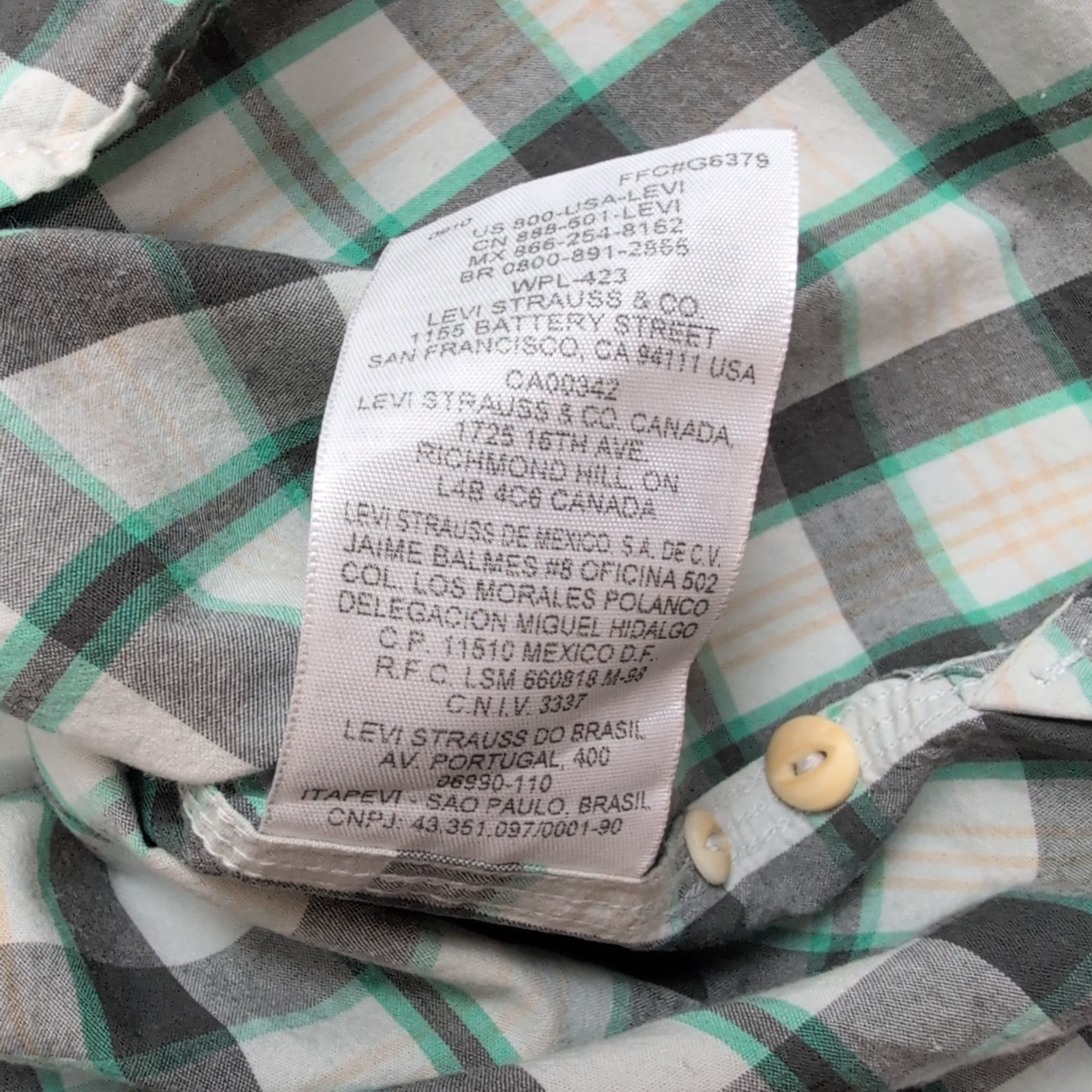 Chemise Levi's Vintage Carreaux Gris / Blanc / Vert Taille S manches longues