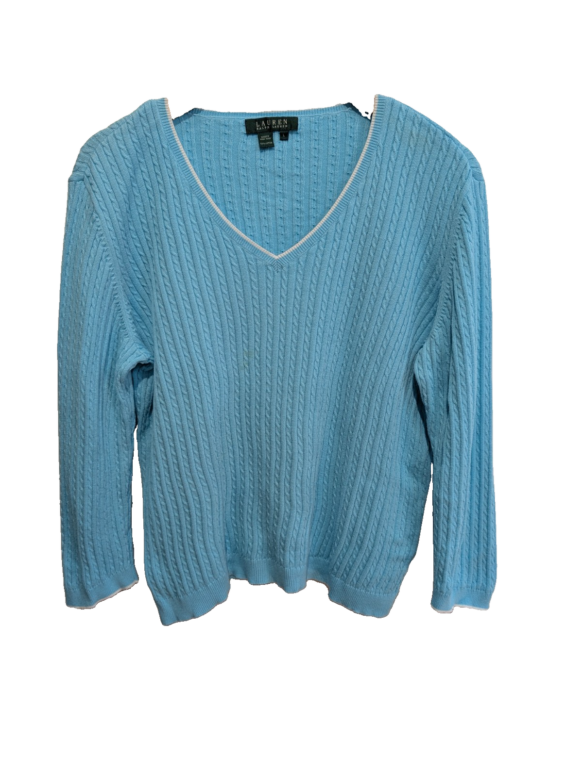 Pull femme LAUREN Ralph Lauren bleu ciel torsades coton col V taille L