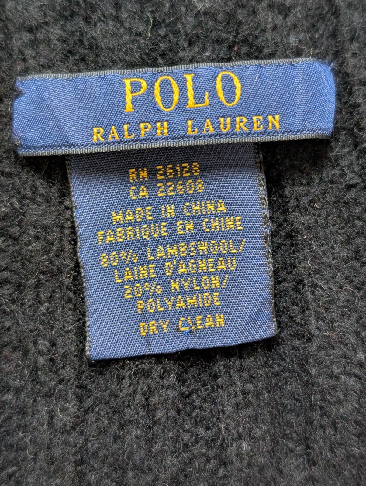 Écharpe Polo Ralph Lauren Côtelée Noire Logo Rouge 80% Laine d'Agneau Vintage