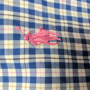 Chemise Ralph Lauren L Bleu Carreaux Logo Rose Coton Manches Longues