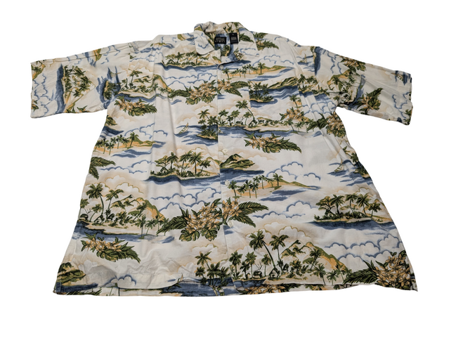 Chemise hawaïenne viscose et coton manches îles et palmiers courtes taille XL