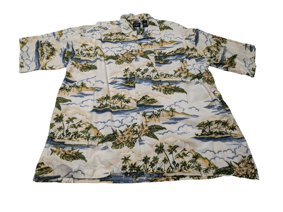 Chemise hawaïenne viscose et coton manches îles et palmiers courtes taille XL