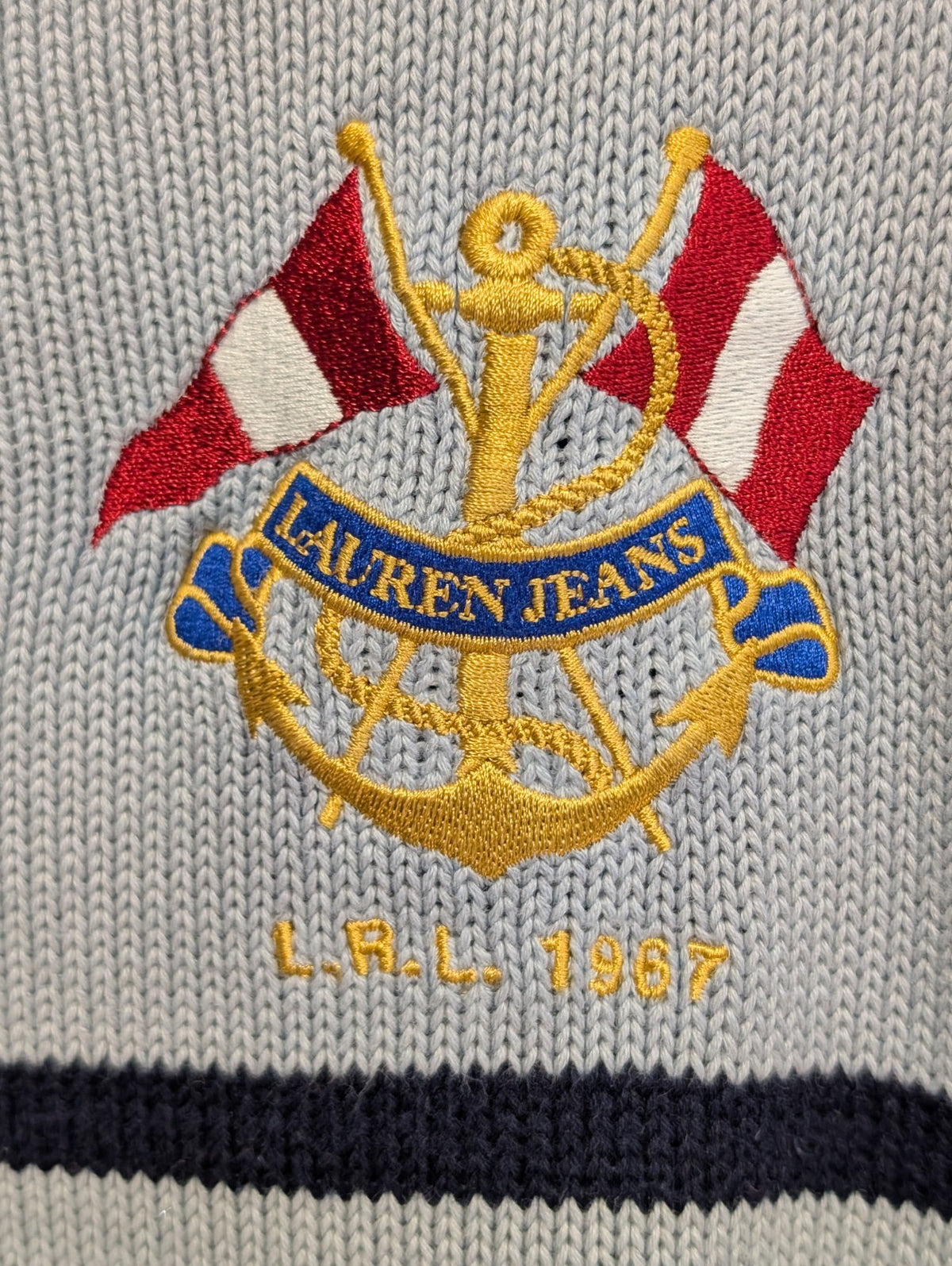 Pull LAUREN Ralph Lauren femme XL coton bleu marine rayures écusson brodé