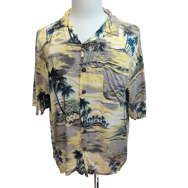 Chemise hawaïenne Point Zero taille XL jaune gris palmiers 100% rayonne