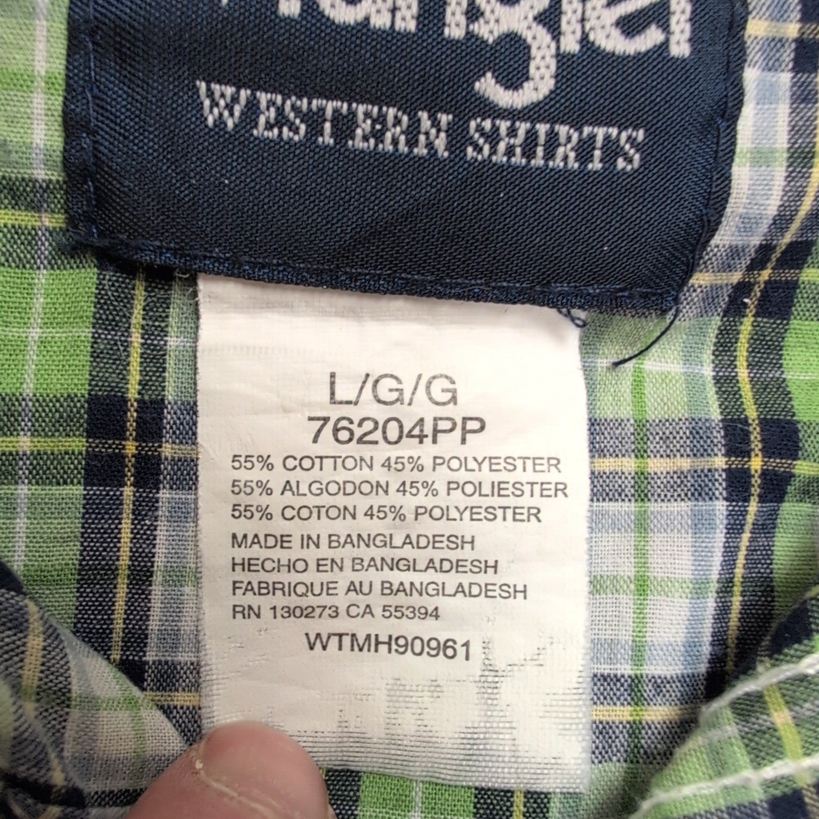 Chemise Wrangler Western L Vert Carreaux Pression Manches Courtes