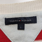 Pull Col V Tommy Hilfiger à rayures Rouge Marron Bleu Blanc Femme - Taille L