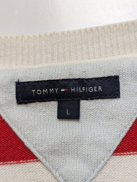 Pull Col V Tommy Hilfiger à rayures Rouge Marron Bleu Blanc Femme - Taille L