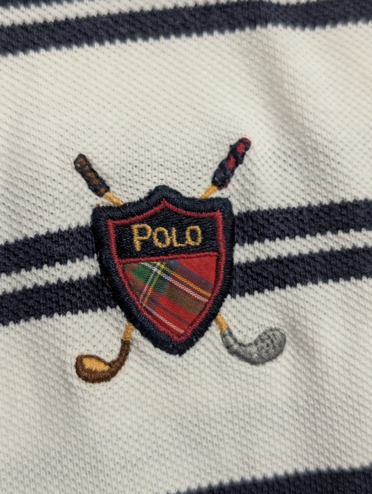 Polo manches courtes Polo Ralph Lauren blanc rayures bleu écusson golf taille L