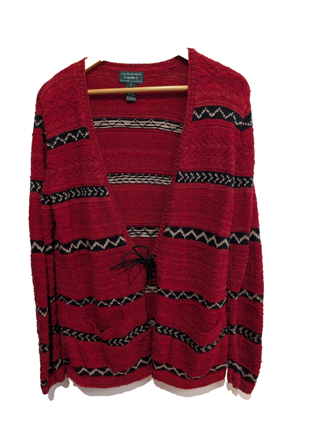 Gilet LAUREN Ralph Lauren femme S rouge noir rayures lin coton hand knit