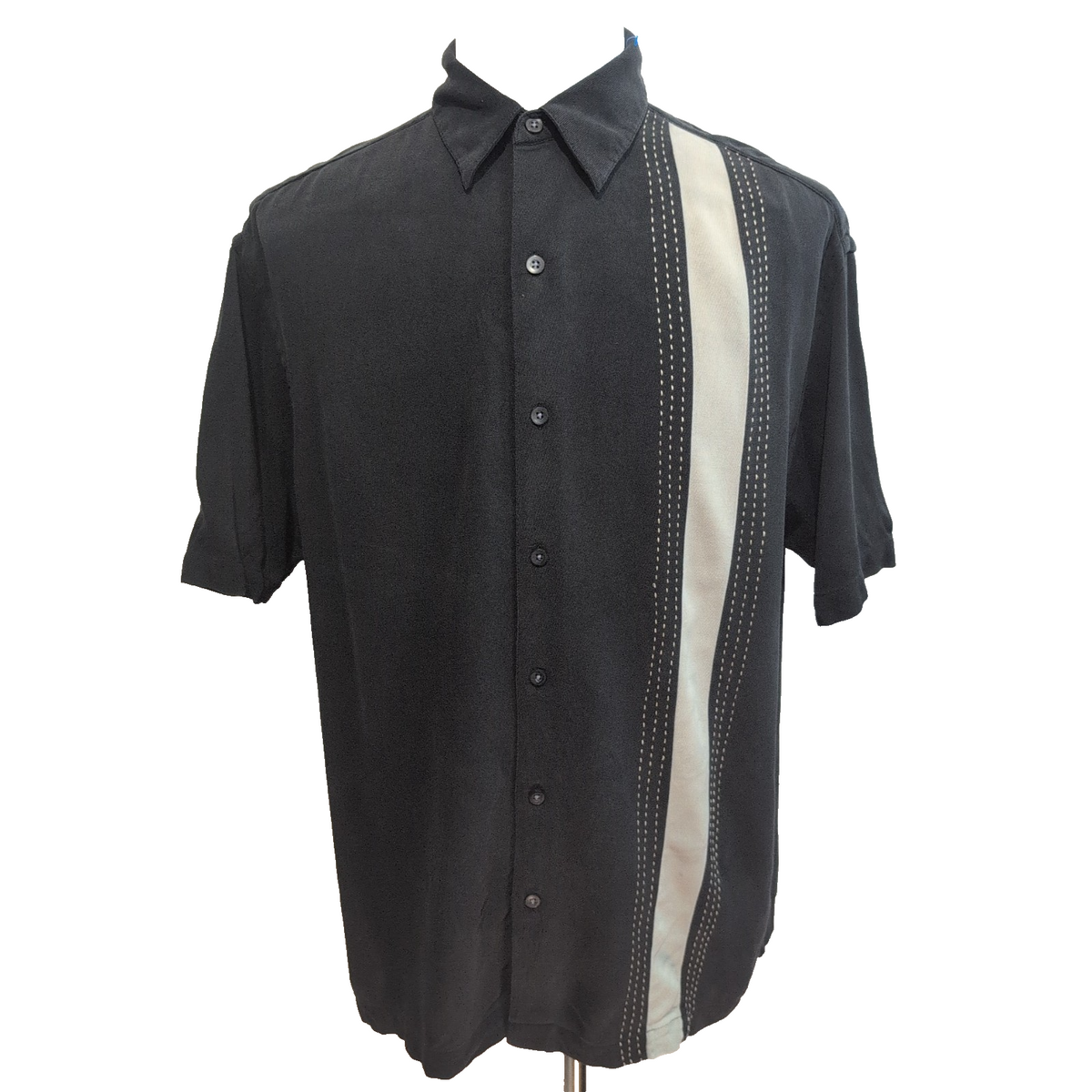 Chemise Hawaïenne Geoffrey Beene Soie Noire L Rayure Verticale Vintage