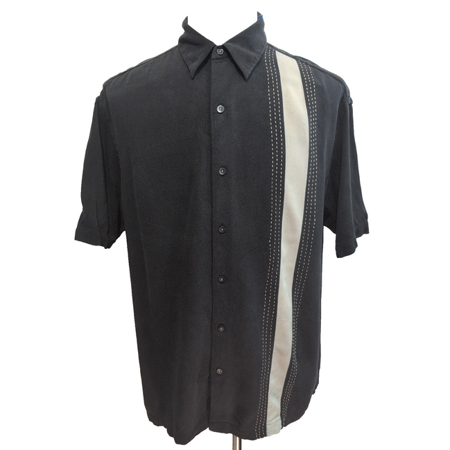 Chemise Hawaïenne Geoffrey Beene Soie Noire L Rayure Verticale Vintage