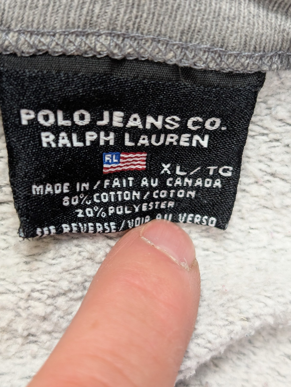 Sweat Polo Jeans Ralph Lauren XL gris logo drapeau USA brodé col rond