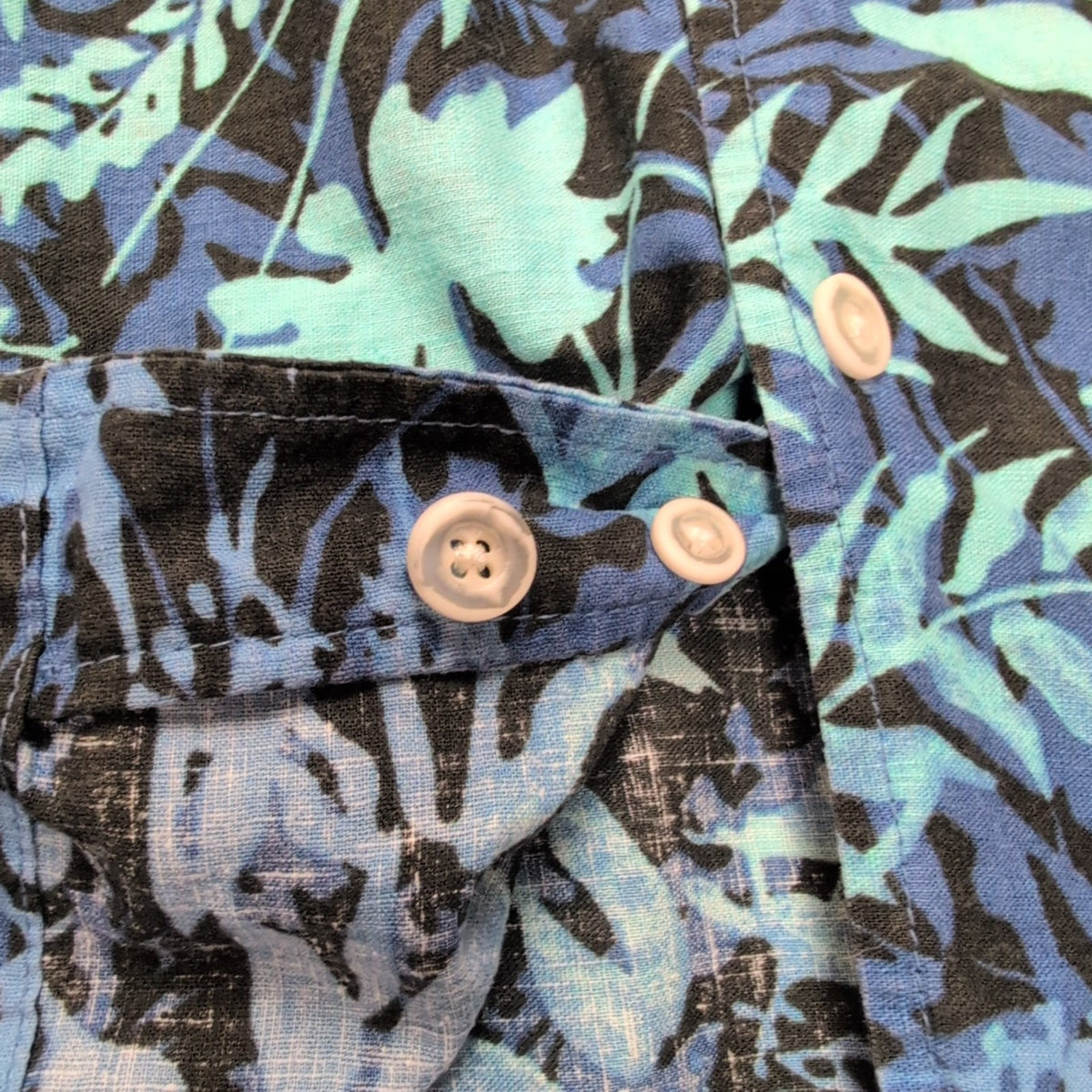 Chemise Hawaïenne OTB M Lin Coton Bleu Vert Blanc Fleurs Feuilles
